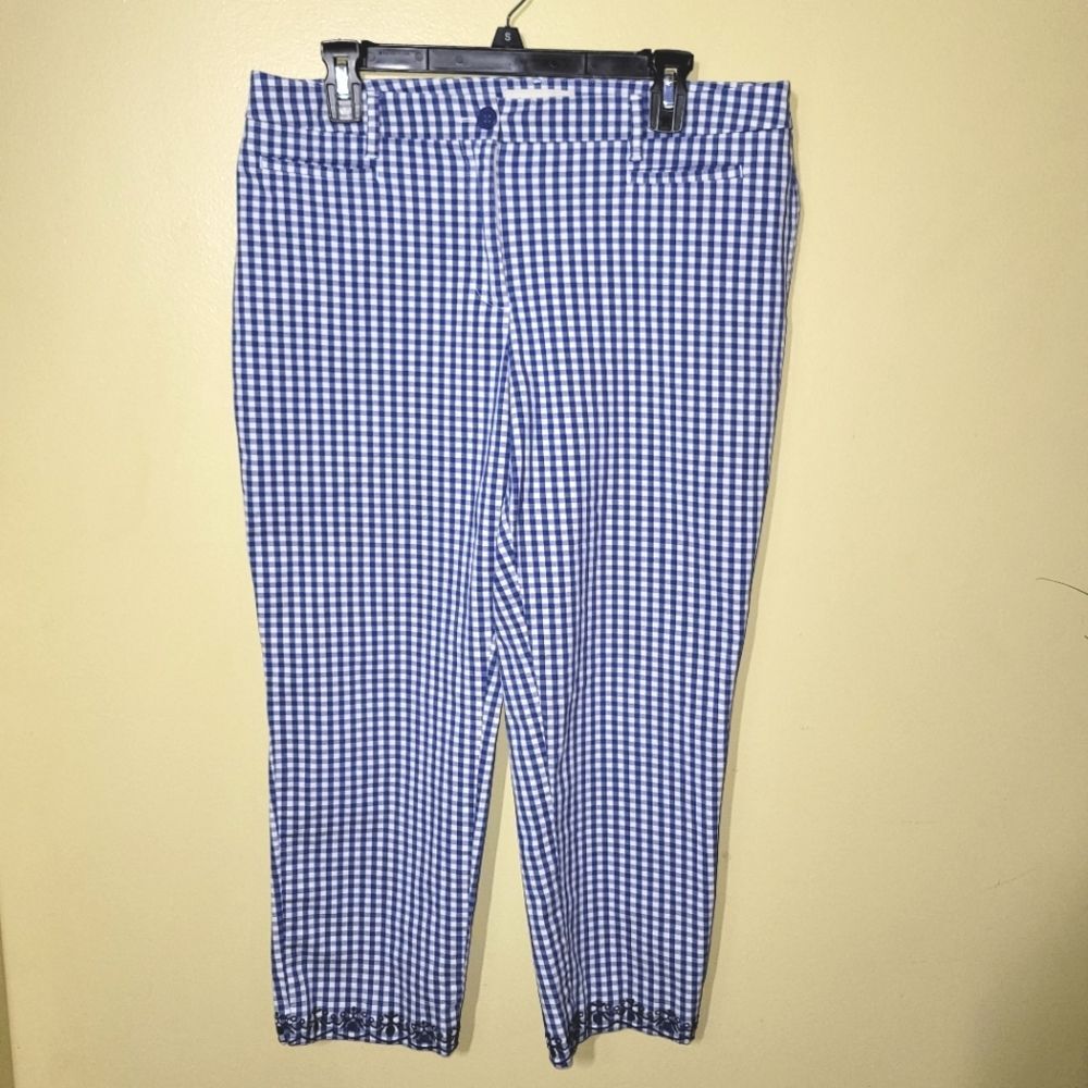 Talbots Blue Gingham Embroidered Cropped Pants 12